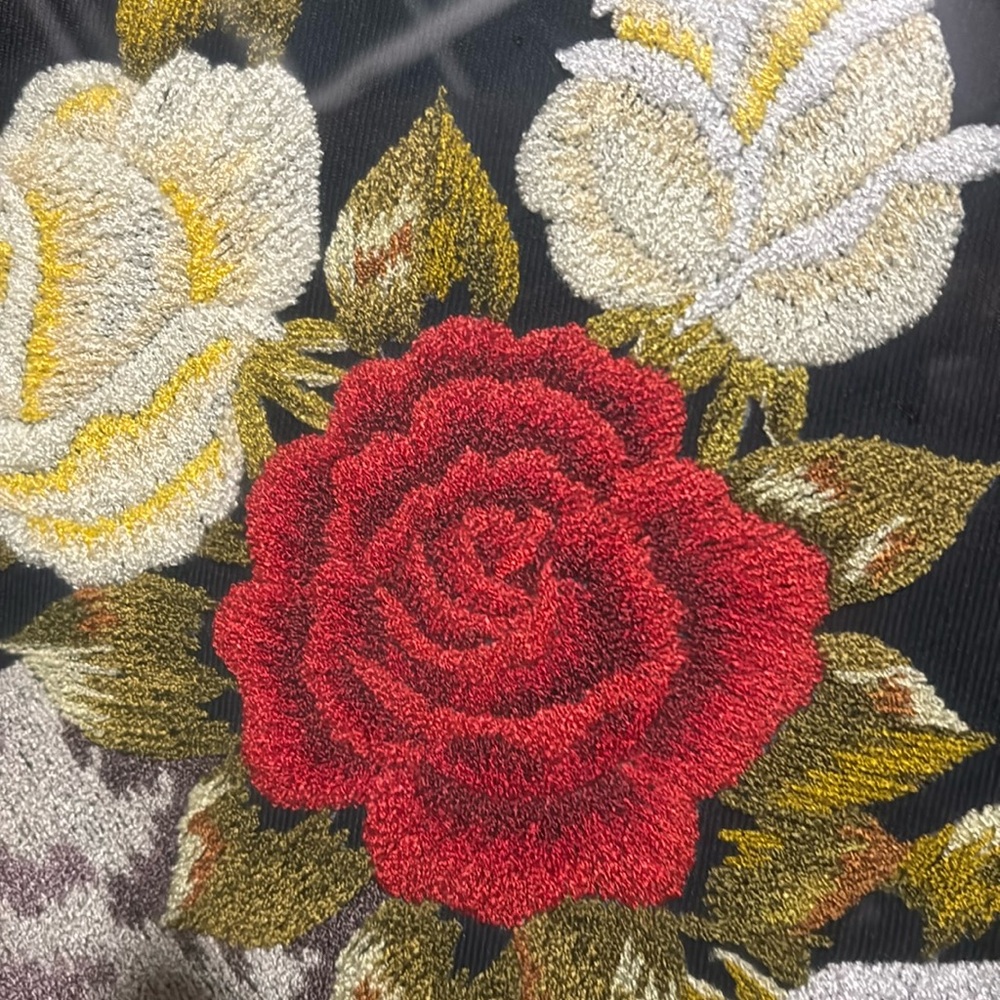 Floral Embroidered Art Piece, framed with black antique wood and gold trim